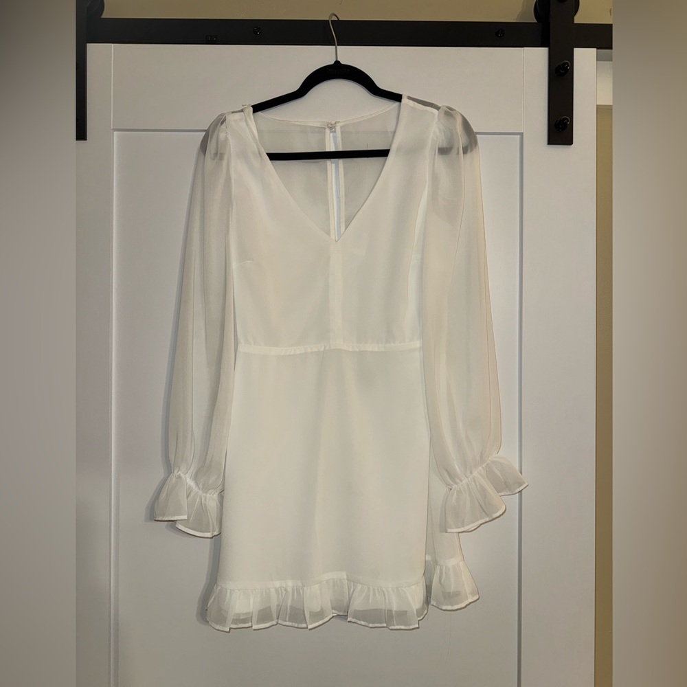Sheer Attraction White Long Sleeve Ruffled Mini Dress
